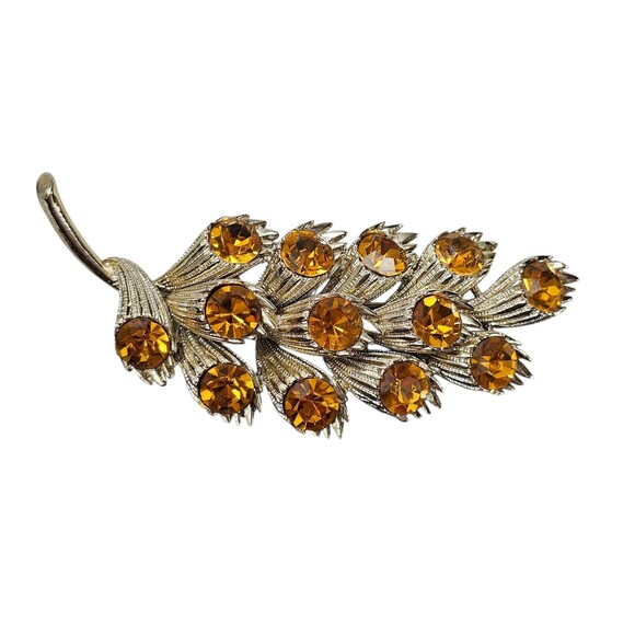 Unbranded Jewelry - Vintage Gold Tone Leaf Brooch with Amber Rhinestones – Retro Costume Jewelry